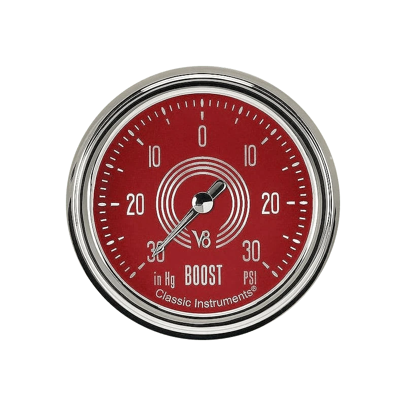 Classic Instruments® - V8 Red Steelie Series Boost/Vacuum Gauge, -30 in Hg +30 PSI